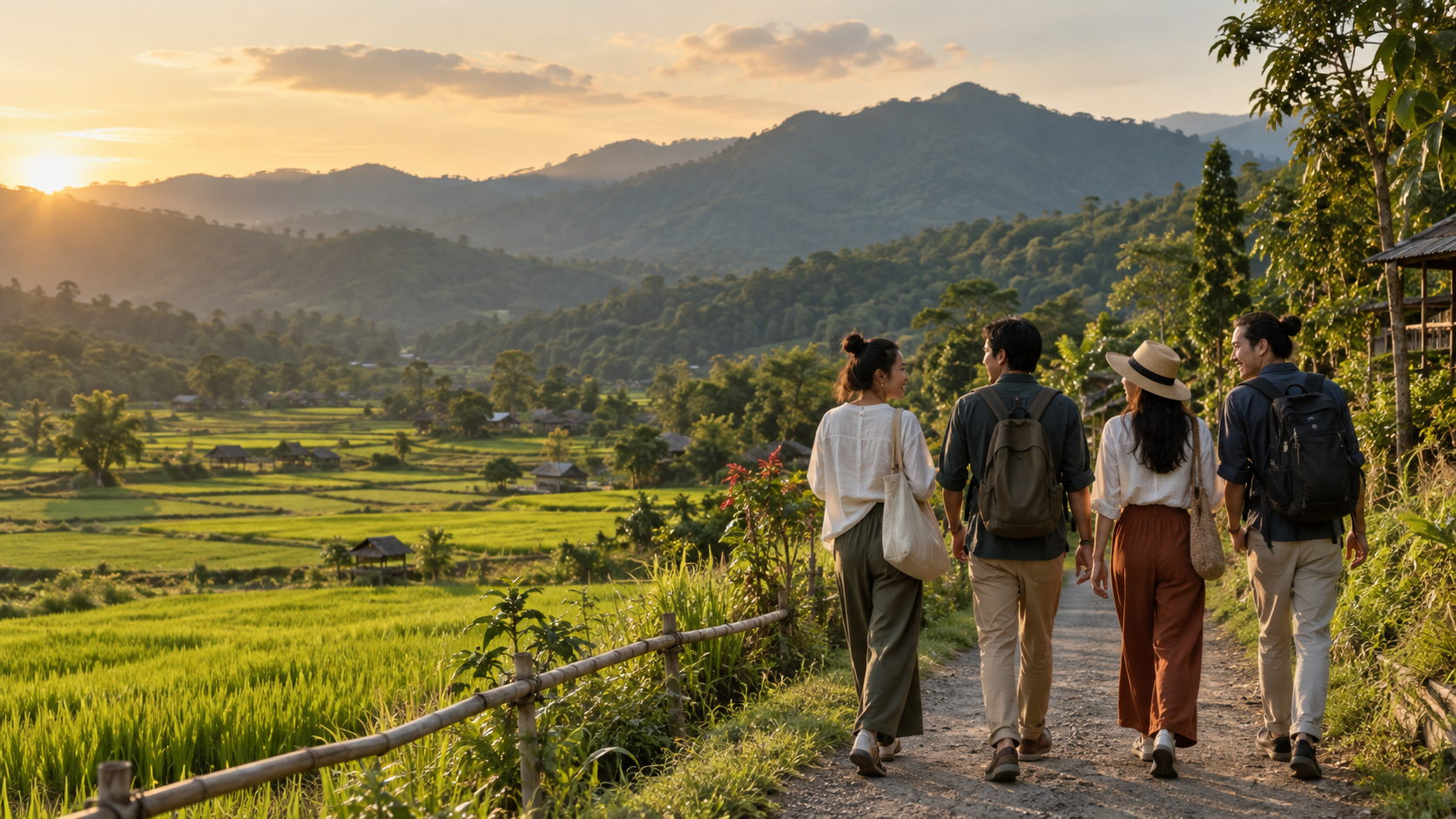 A small group walking beside rice fields and forested mountains in Chiang Mai at sunset